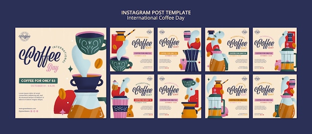 無料PSD フラットデザイン国際コーヒーデーinstagram投稿テンプレートデザイン