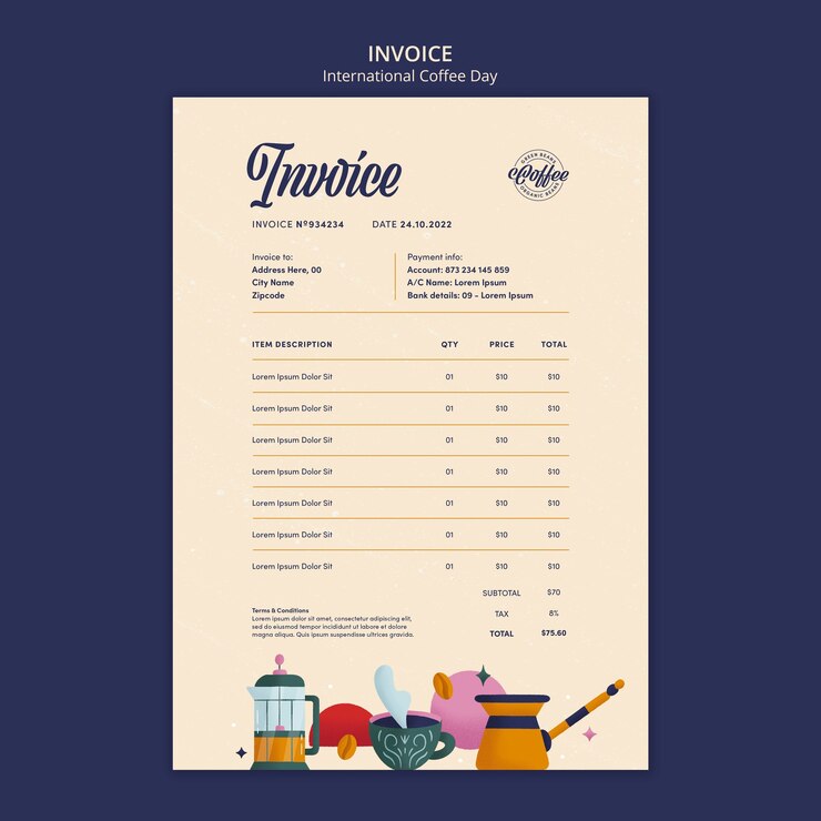 Free PSD flat design international coffee day invoice template design