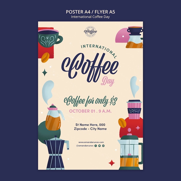 PSD gratuito design piatto modello poster giornata internazionale del caffè
