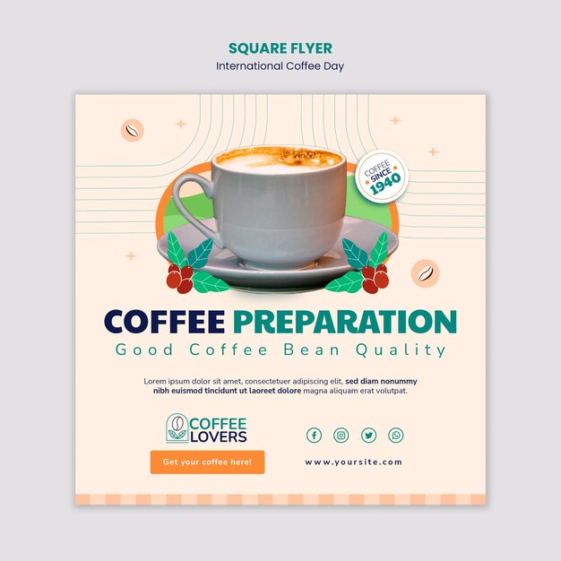 Flat design international coffee day square flyer template design