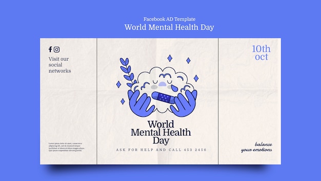 PSD gratuito modello di facebook per la giornata internazionale della salute mentale di design piatto