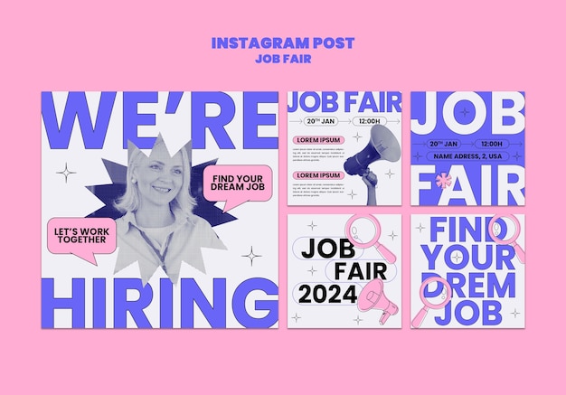 Free PSD flat design job fair  instagram posts