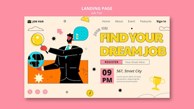 Flat design job fair landing page template