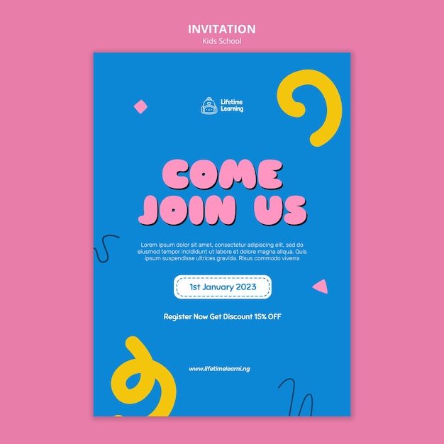 Free PSD flat design kids school invitation template