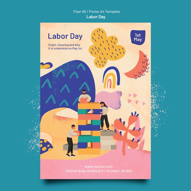 PSD gratuito modello di poster per la festa del lavoro design piatto