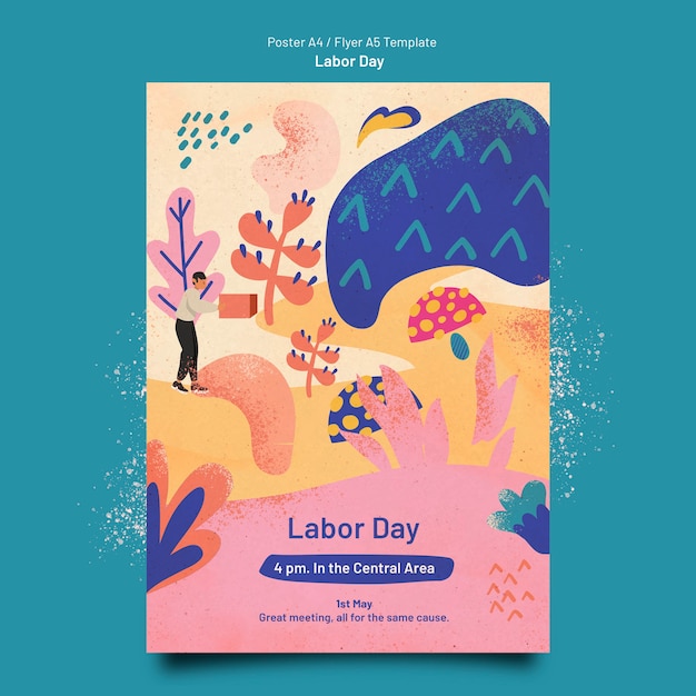 Free PSD flat design labor day poster template