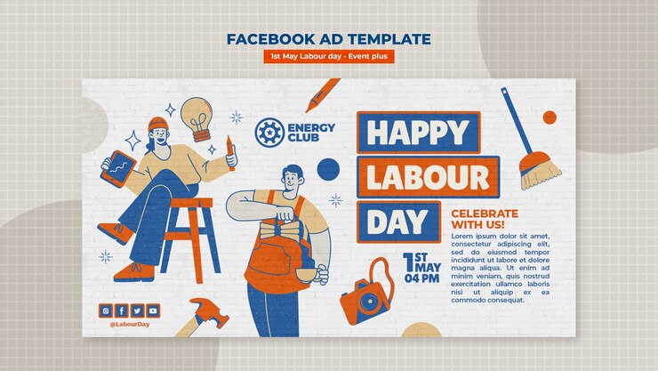 ฟรี PSD flat design labour day celebration facebook template