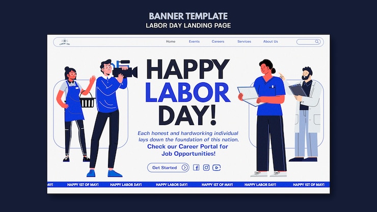 ฟรี PSD flat design labour day celebration landing page