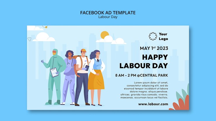 ฟรี PSD flat design labour day template