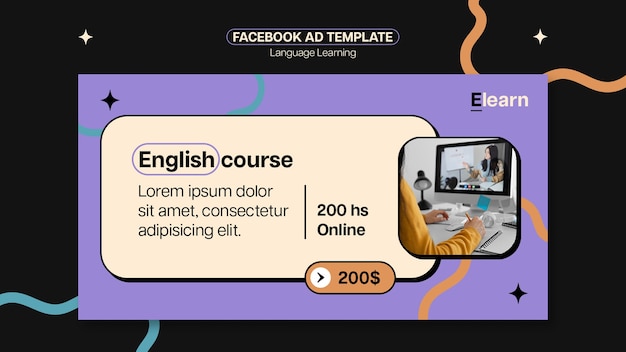 Flat design language learning facebook ad template