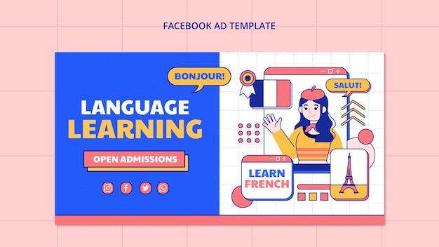 Modello di facebook per l'apprendimento delle lingue dal design piatto