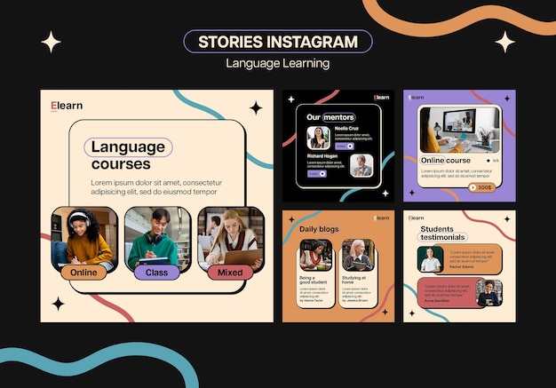 Flat design language learning instagram posts template