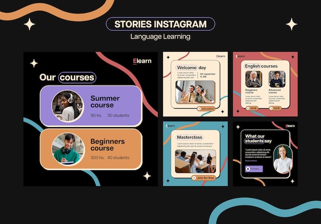 Free PSD flat design language learning instagram posts template