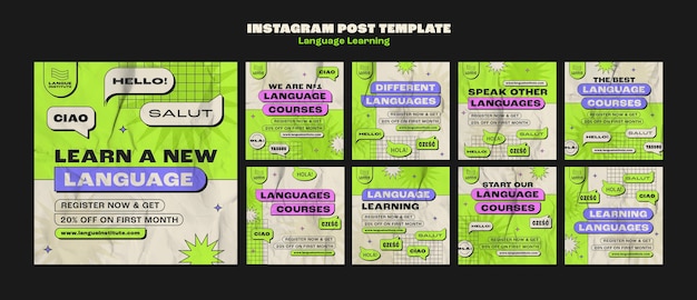 PSD gratuito post di instagram per l'apprendimento delle lingue dal design piatto