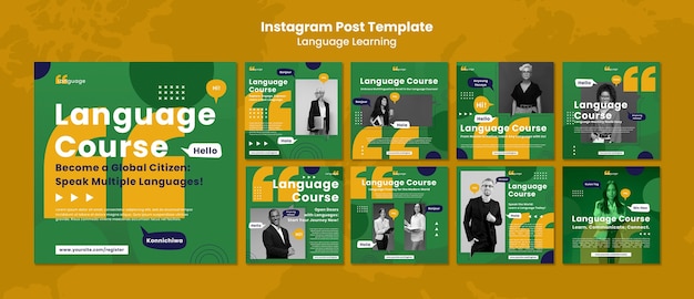 Free PSD flat design language learning instagram posts