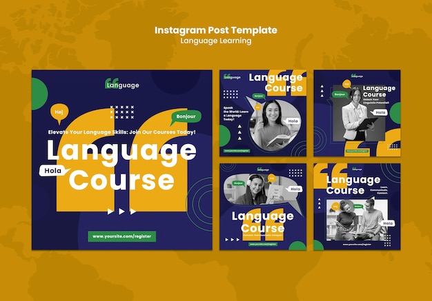 Free PSD flat design language learning instagram posts