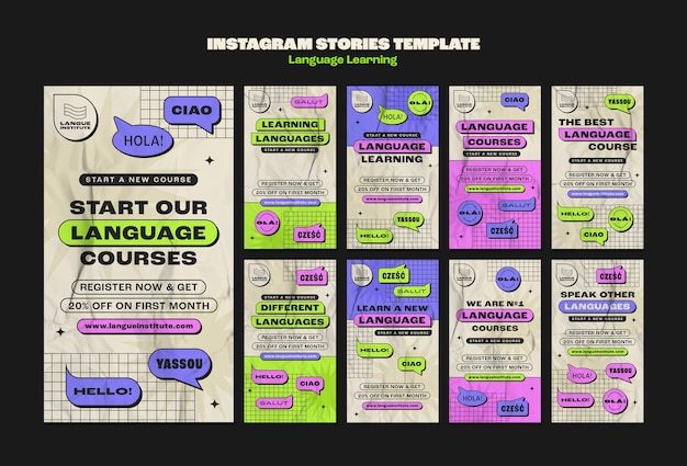 PSD gratuito storie di instagram per l'apprendimento delle lingue dal design piatto