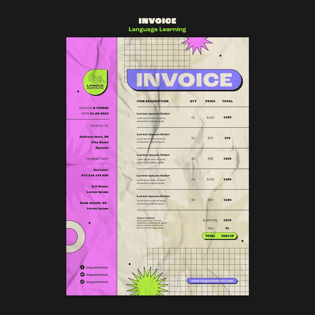 無料PSD フラットなデザインの言語学習請求書テンプレート