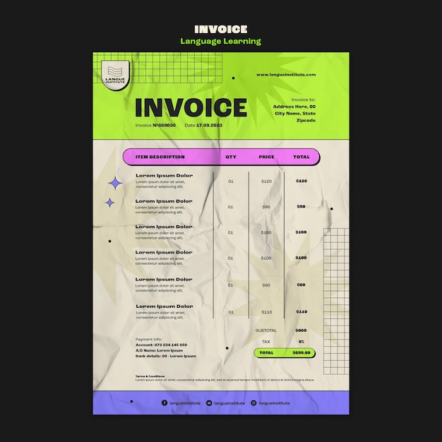 Free PSD flat design language learning invoice template