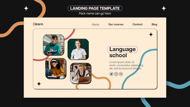 Free PSD flat design language learning landing page template