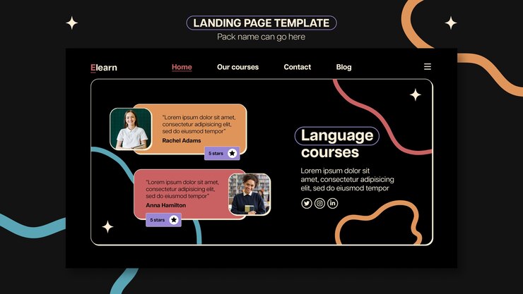 Free PSD flat design language learning landing page template
