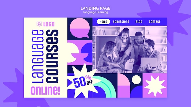 Free PSD flat design language learning landing page