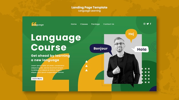 Free PSD flat design language learning landing page