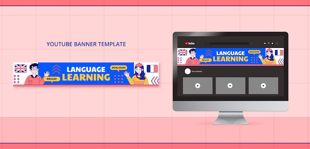 PSD gratuito banner di youtube per l'apprendimento delle lingue dal design piatto