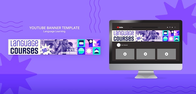 Баннер youtube для изучения языка в плоском дизайне