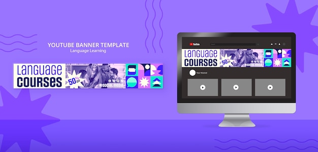 Free PSD flat design language learning youtube banner