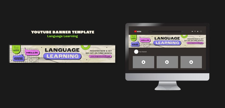 Free PSD flat design language learning youtube banner
