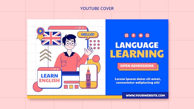 PSD gratuito copertina di youtube per l'apprendimento delle lingue dal design piatto