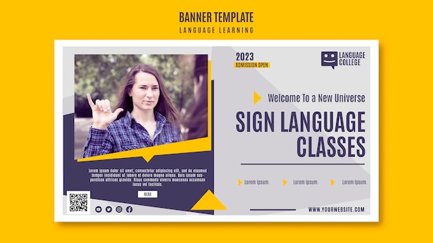 PSD gratuito modello di banner per l'apprendimento della lingua dal design piatto