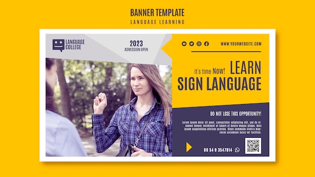 Modello di banner per l'apprendimento della lingua dal design piatto