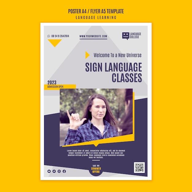 PSD gratuito modello di poster per l'apprendimento delle lingue di design piatto