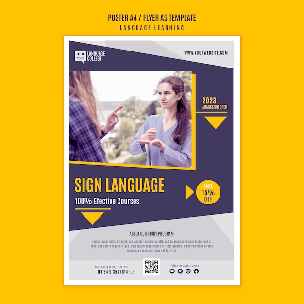 PSD gratuito modello di poster per l'apprendimento delle lingue di design piatto