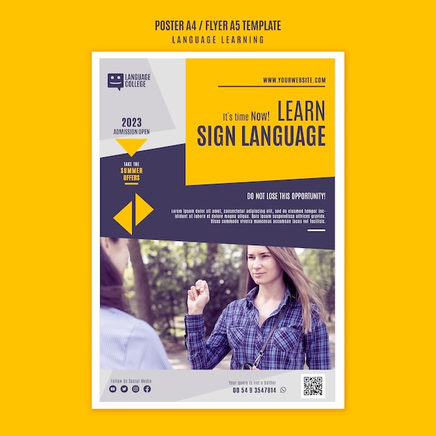 Modello di poster per l'apprendimento delle lingue di design piatto