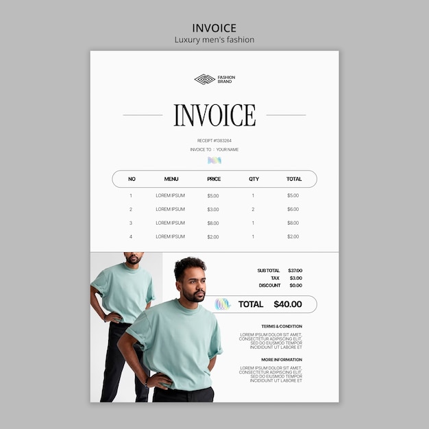 Flat design luxury men’s fashion invoice template