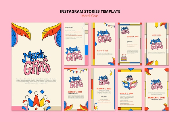 Free PSD flat design mardi gras instagram stories design template