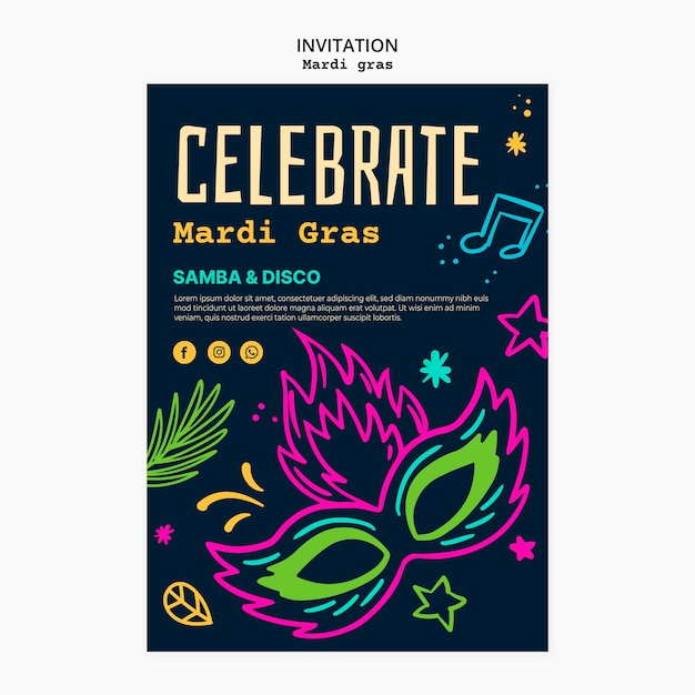 Free PSD flat design mardi gras invitation template