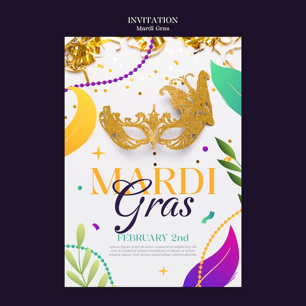 Free PSD flat design mardi gras invitation template