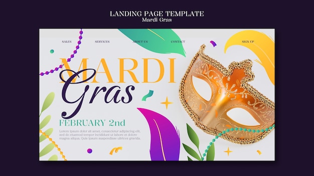 PSD gratuito modello di pagina di destinazione di mardi gras a disegno piatto