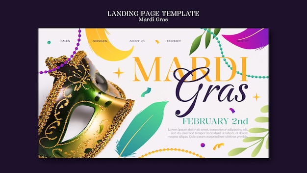 Free PSD flat design mardi gras landing page template