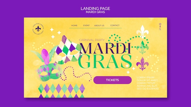 PSD gratuito modello di pagina di destinazione di mardi gras a disegno piatto