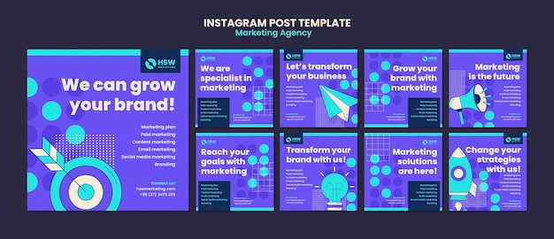 Free PSD flat design marketing agency  instagram posts