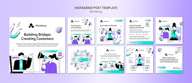 Бесплатный PSD Плоский дизайн маркетинговой стратегии посты в instagram