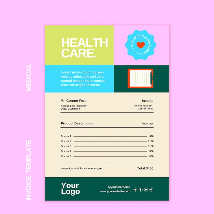 Free PSD flat design medical care invoice template