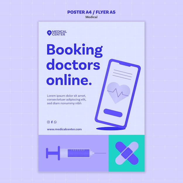 PSD gratuito modello di poster per cure mediche dal design piatto