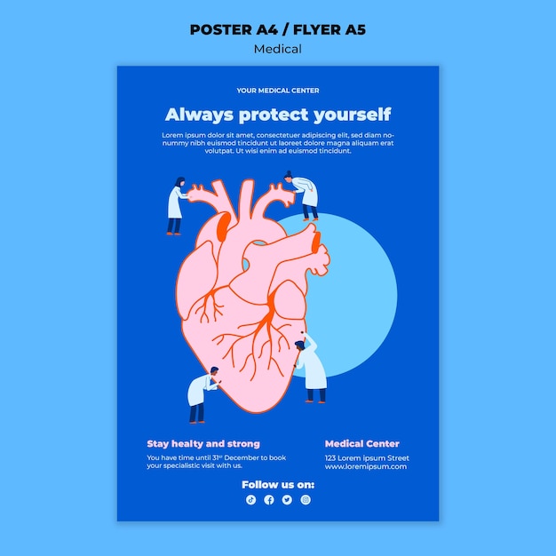 PSD gratuito poster di cure mediche dal design piatto