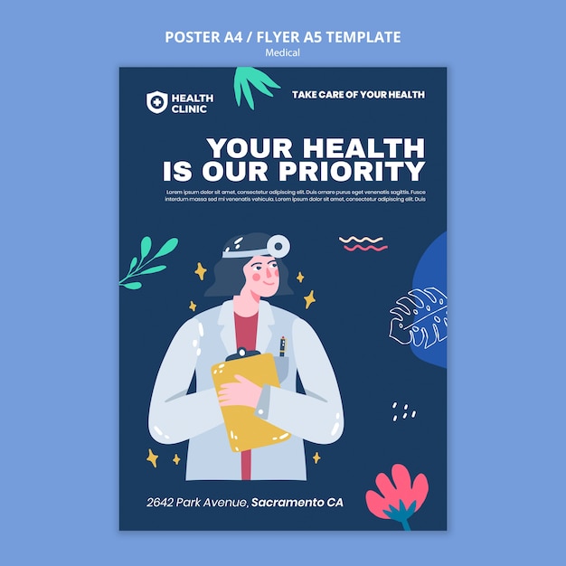 Бесплатный PSD Шаблон медицинского плаката в плоском дизайне